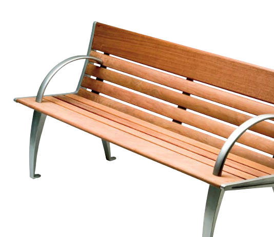 Benches — wood slat bench with metal arms and back