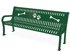 Green metal dog park bench with paw print and bone cutouts for Summit County, Utah pet amenities