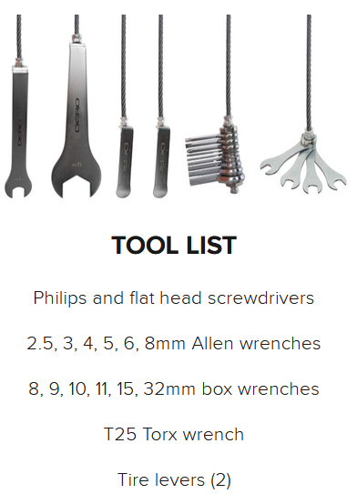 Bike Repair Stations — Dero Fixit tethered tools: screwdrivers, Allen wrenches, box wrenches, T25 Torx, and tire levers