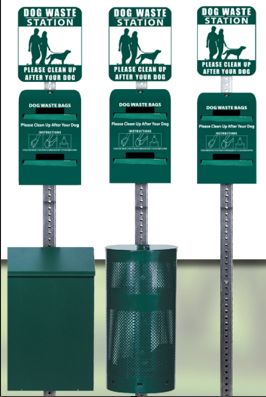 Dog Waste Stations — square can, mesh can, and no can models