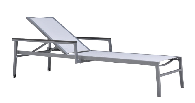 Pool Furniture — stackable mesh chaise lounge with arms, powder-coated aluminum frame