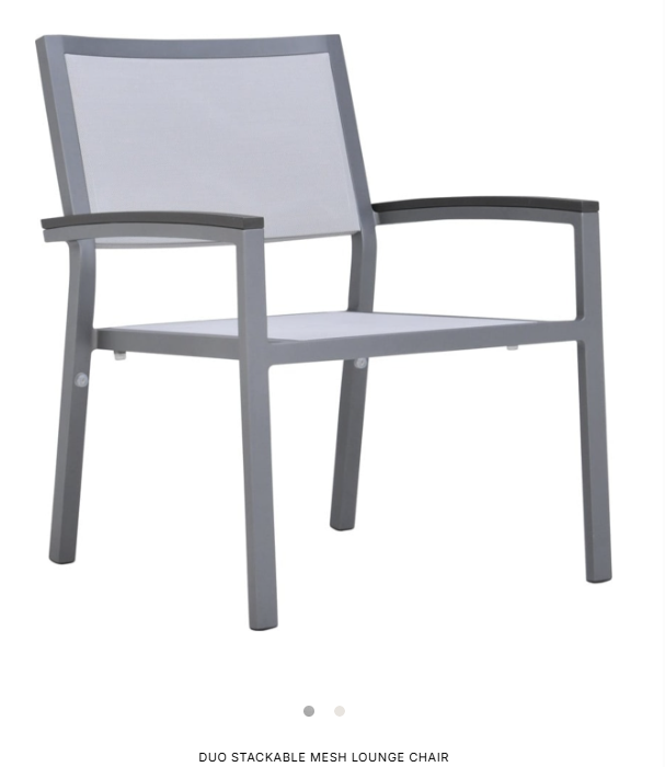 Pool Furniture — stackable mesh chair with arms, matching poolside seating